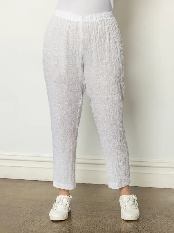 Day-To-Night Styles White Crinkle Linen Slim Pant