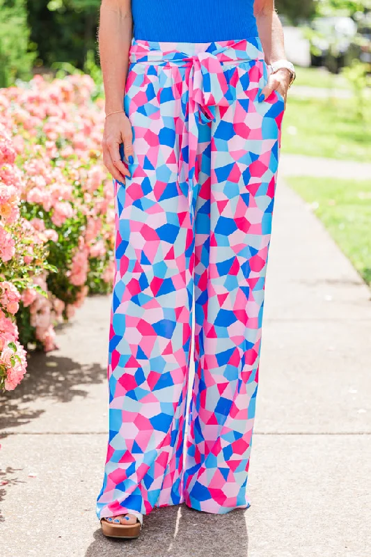 Chic Styles Fashionably Late Geometric Blue And Pink Belted Pants SALE